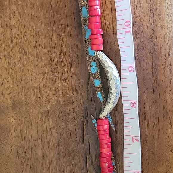 Red Coral Necklace With .925 silver Hammered Hardware and Closure.  17" length - Picture 10 of 11